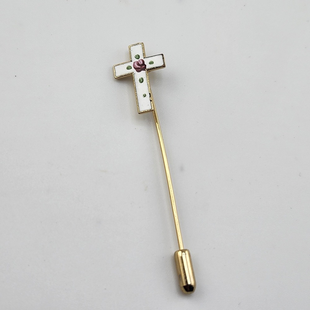 Vintage Dainty White Enamel w Pink Rose Flowers CROSS Goldtone Lapel Stick Pin - - Picture 1 of 4